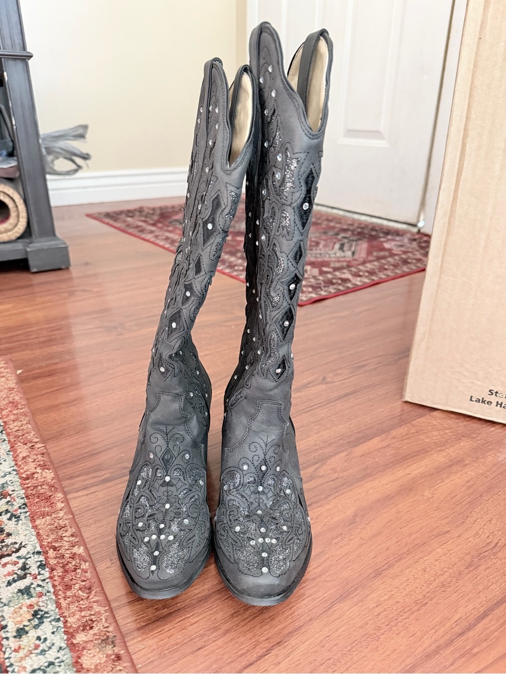 Kids Black Embroidered Cowgirl Boots with Stud Accents